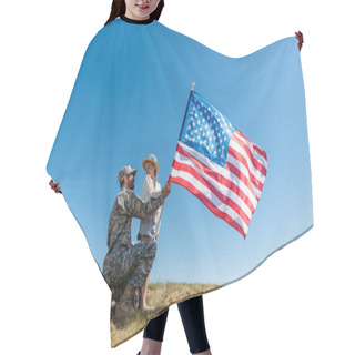 Personality  Father In Military Uniform And Happy Kid Holding American Flag Against Sky  Hair Cutting Cape