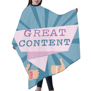 Personality  Writing Note Showing Great Content. Business Photo Showcasing Satisfaction Motivational Readable Applicable Originality Man Woman Hands Thumbs Up Approval Speech Bubble Rays Background. Hair Cutting Cape