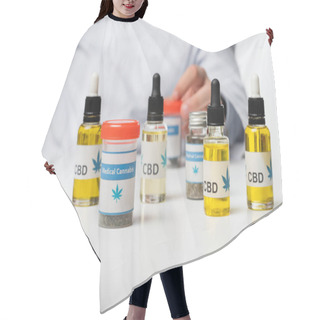 Personality  Cropped View Of Blurred Physician Near Containers And Vials With Medical Cannabis Medication Isolated On White Hair Cutting Cape