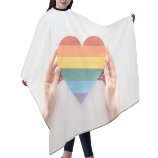 Personality  Partial View Of Man Holding Paper Rainbow Colored Paper Heart On Grey Background, Lgbt Concept Hair Cutting Cape