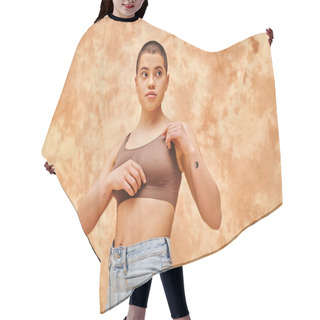 Personality  Body Positivity Movement, Curvy Young Woman With Tattoos Posing In Jeans And Crop Top On Mottled Beige Background, Representation Of Body, Confidence, Casual Attire, Generation Z, Looking Away Hair Cutting Cape
