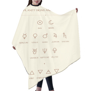 Personality  Planet Signs And Elements, Zodiac Icons, Esoteric Abstract Logo, Mystic Spiritual Symbols. Astrology, Moon And Stars, Magic Esoteric Art. Hair Cutting Cape