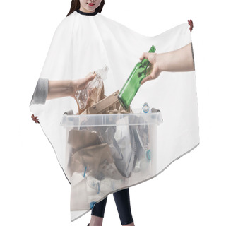 Personality  Cropped Shot Of People Putting Trash Into Plastic Container Isolated On White, Recycling Concept Hair Cutting Cape