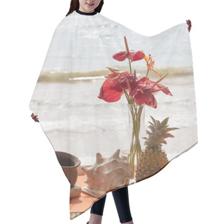 Personality  Pineapple, Shell, Flowers On A Beach Table Hair Cutting Cape