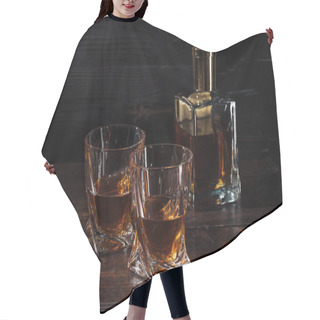 Personality  Bottle And Glasses Of Whisky On Brown Wooden Table Hair Cutting Cape