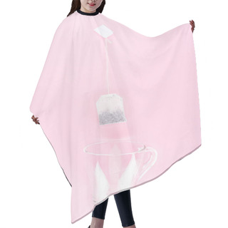 Personality  Top View Of One Tea Bag And Empty Glass Cup Isolated On Pink Hair Cutting Cape