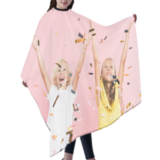 Personality  Smiling Kids With Outstretched Hands Near Falling Confetti On Pink Background  Hair Cutting Cape