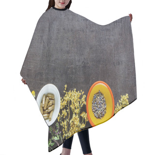 Personality  Medicinal And Healing Herbs For Clean Eating Biohackers Paleo Diet On Vintage Background Flat-lay, Top View. Hair Cutting Cape