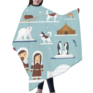 Personality  Vector Set Of Eskimo Characters With Igloo House, Dog, White Bear And Penguins. People In Traditional Eskimos Costume, Arctic Animals Hair Cutting Cape