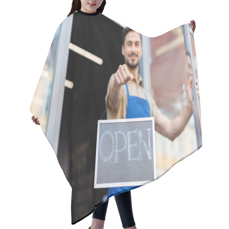 Personality  Small Business Owner With Open Sign Hair Cutting Cape