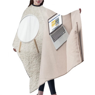 Personality  High Angle View Of Laptop Standing On Cozy Couch With Booking Website On Screen Hair Cutting Cape