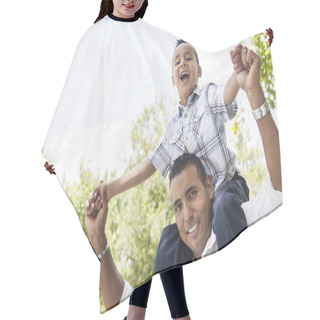 Personality  Hispanic Father And Son Having Fun In The Park Hair Cutting Cape