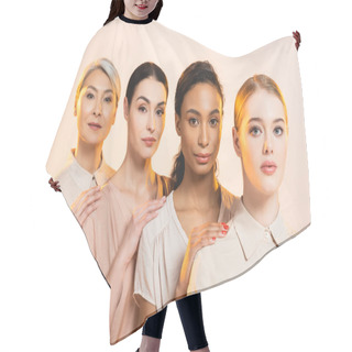 Personality  Four Beautiful Multicultural Women Looking At Camera Isolated On Beige  Hair Cutting Cape