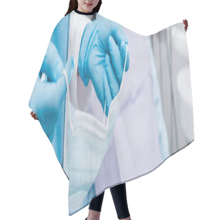 Personality  Panoramic Shot Of Dentist Holding Medical Mask In Dental Clinic  Hair Cutting Cape