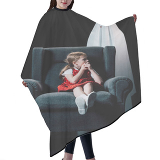 Personality  Frightened Child Showing Hush Sign Near White Ghost Standing Behind Armchair Isolated On Black Hair Cutting Cape