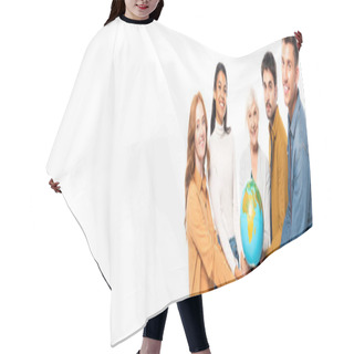 Personality  Multicultural People Smiling At Camera While Holding Globe Together Isolated On White, Banner  Hair Cutting Cape