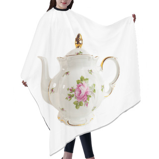 Personality  Ceramic Teapot With Ornament Of Roses And Gold In Classic Style Isolated On White Hair Cutting Cape