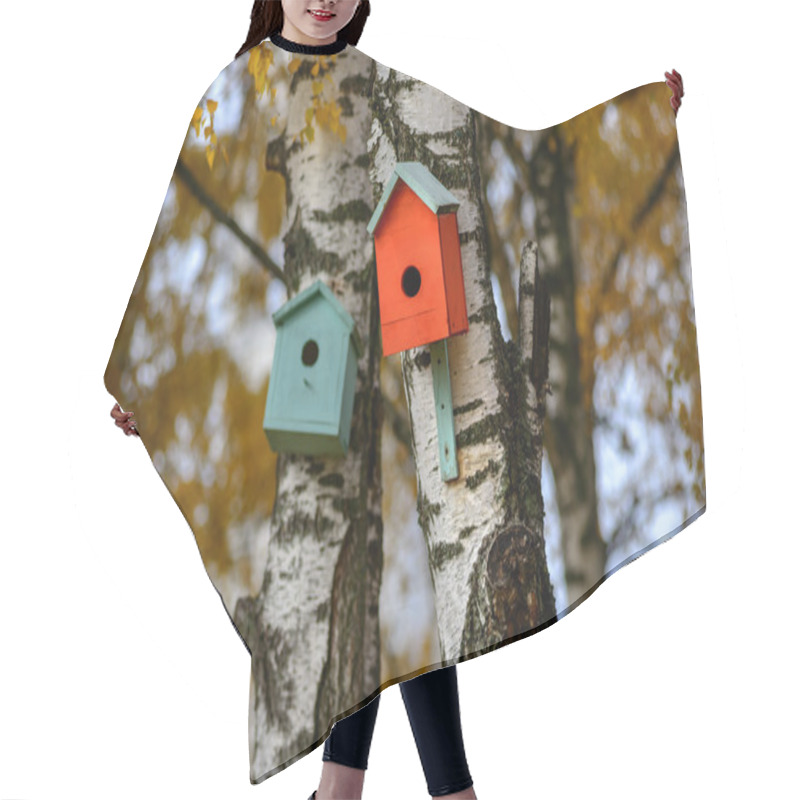 Personality  bird house nesting-box hang on birch tree trunk hair cutting cape