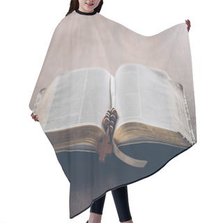 Personality  Open Holy Bible And Rosary With Cross On Wooden Table   Hair Cutting Cape