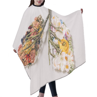 Personality  Floral Composition With Dried And Blooming Flowers Near Twigs In Shape Of Lungs On Grey  Hair Cutting Cape