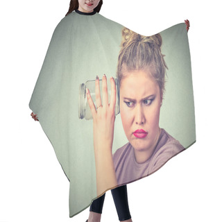 Personality  Nosy Woman With Glass Jar Listens To Gossip Behind The Wall Hair Cutting Cape