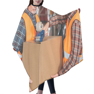 Personality  Cropped View Of Male Workers In Helmets Packing Cardboard Box With Scotch Tape Hair Cutting Cape