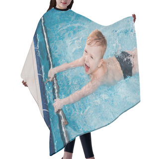 Personality  Overhead View Of Excited Toddler Boy Swimming Near Flutter Boards In Swimming Pool  Hair Cutting Cape