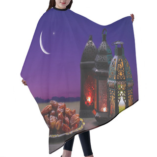 Personality  Ornamental Dark Moroccan, Arabic Lantern And Dates On On An Old Wooden Table With The Night Sky And The Crescent Moon And The Star Behind. Greeting Card For Muslim Community Holy Month Ramadan Kareem. Hair Cutting Cape