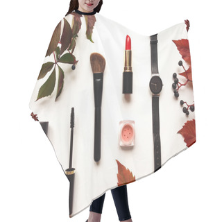 Personality  Decorative Flat Lay Composition With Cosmetics, Woman Accessories And Autumn Leaves And Berries. Flat Lay, Top View Hair Cutting Cape