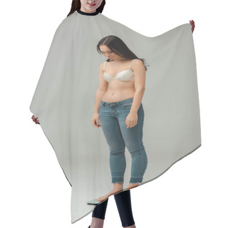 Personality  Sad Asian Overweight Girl In Jeans And Bra Standing On Scales And Looking Down On Grey Hair Cutting Cape