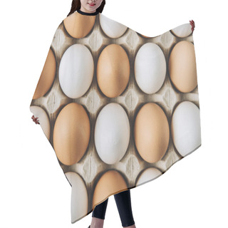 Personality  White And Brown Eggs Laying In Egg Carton, Full Frame Shot  Hair Cutting Cape