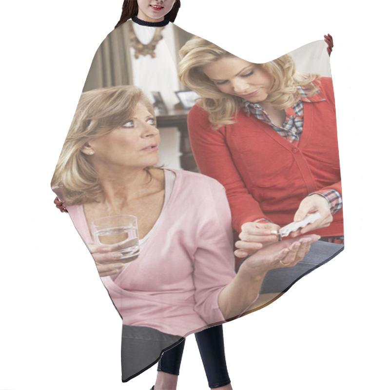 Personality  Senior Woman Being Helped With Medication By Adult Daughter Hair Cutting Cape