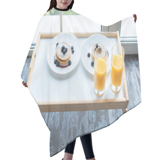 Personality  Close Up View Of Glass Of Juice And Pancakes For Breakfast On Wooden Tray Hair Cutting Cape