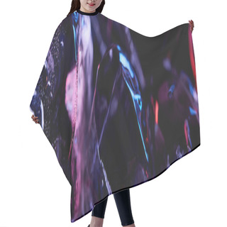 Personality  Panoramic Shot Of Transparent Ice Cubes With Purple Colorful Lighting Isolated On Black Hair Cutting Cape