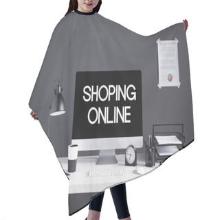 Personality  Desktop Computer With Shopping Online Inscription On Screen, Business Chart, Clock And Office Supplies At Workplace  Hair Cutting Cape