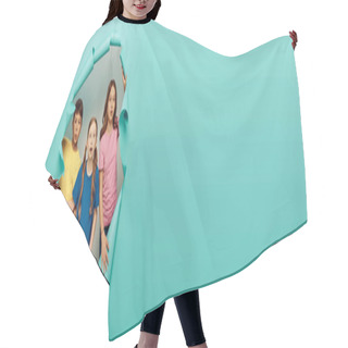 Personality  Astonished Multiethnic Kids In Colorful T-shirts Looking At Camera While Celebrating Child International Children Day Behind Hole In Blue Paper Background, Banner  Hair Cutting Cape