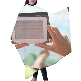 Personality  Girl Reading An Ebook Lying On Sun Loungers On The Beach Hair Cutting Cape