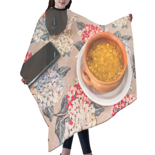 Personality  Locro, Typical And Traditional Argentine Food On Handemade Clay Dishes, Accompanied By Bread And A Glass Of Wine, With Spoons. Hair Cutting Cape