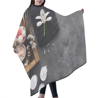 Personality  Top View Of Beautiful Orchid, Towel, Burning Candles And Spa Accessories On Grey Background Hair Cutting Cape