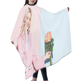 Personality  Panoramic Shot Of Smiling Woman Holding Bouquet On Pink And Blue Background  Hair Cutting Cape