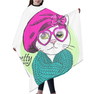 Personality  Vector White Cat With Pink Glasses, Knitted Scarf And Pink Beret. Hair Cutting Cape