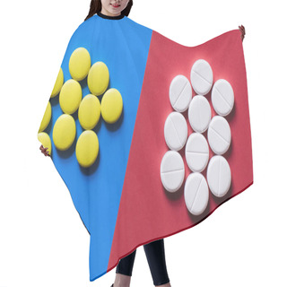 Personality  Top View Of Round Shape Pills On Blue And Crimson Background Hair Cutting Cape