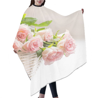 Personality  Beautiful, Pink Roses In A White Basket Close Up  Hair Cutting Cape
