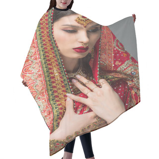 Personality  Attractive Indian Woman Posing In Traditional Sari, Isolated On Grey  Hair Cutting Cape