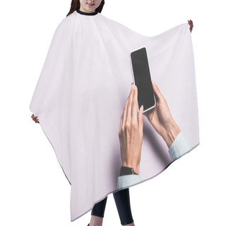 Personality  Cropped View Of Woman Touching Smartphone With Blank Screen On Purple Hair Cutting Cape