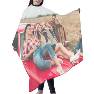 Personality  Group Of American Car Travellers Relaxing In Flower Field Hair Cutting Cape