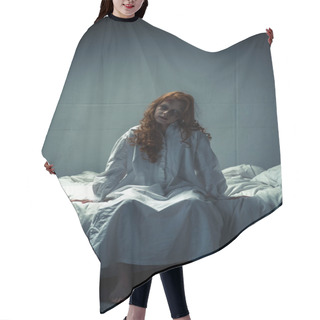 Personality  Creepy Demoniacal Woman In Nightgown Sitting On Bed Hair Cutting Cape