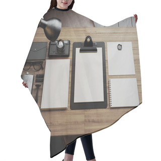 Personality  Modern Identity Elements On Brown Wood Table. 3d Render Hair Cutting Cape
