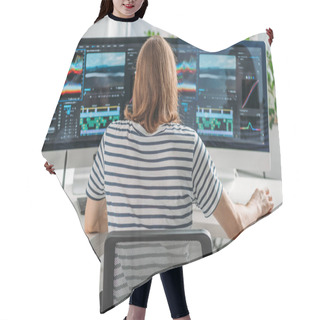 Personality  Back View Of Editor Working Near Computer Monitors  Hair Cutting Cape