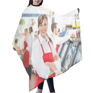 Personality  Confident Female Butcher Standing Arms Crossed Hair Cutting Cape